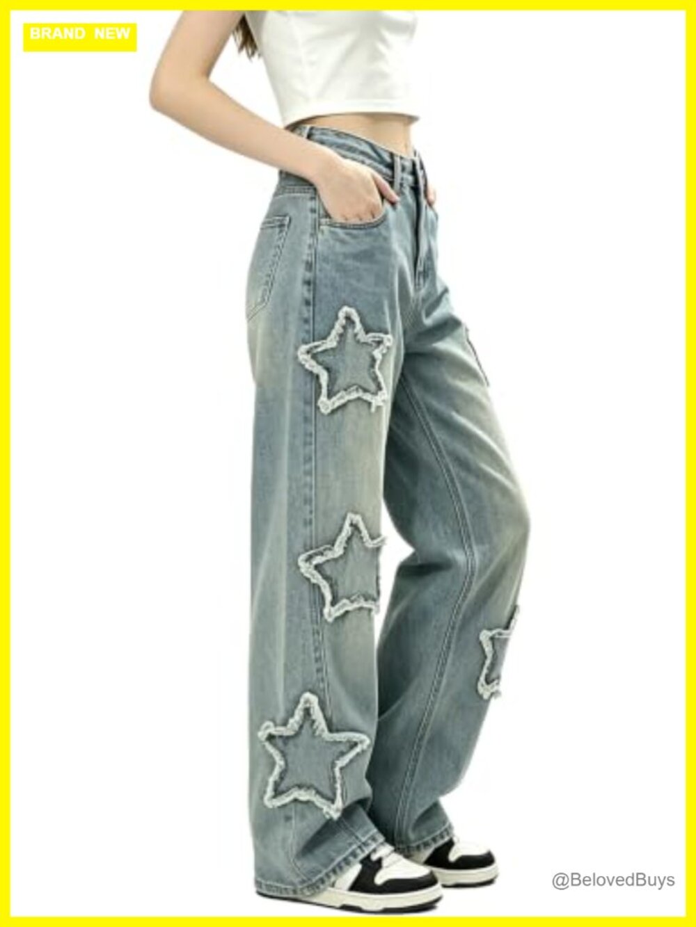 AULKEEP Women's High Waist Baggy Wide Leg Star Print Jeans Punk Y2K Denim Pants